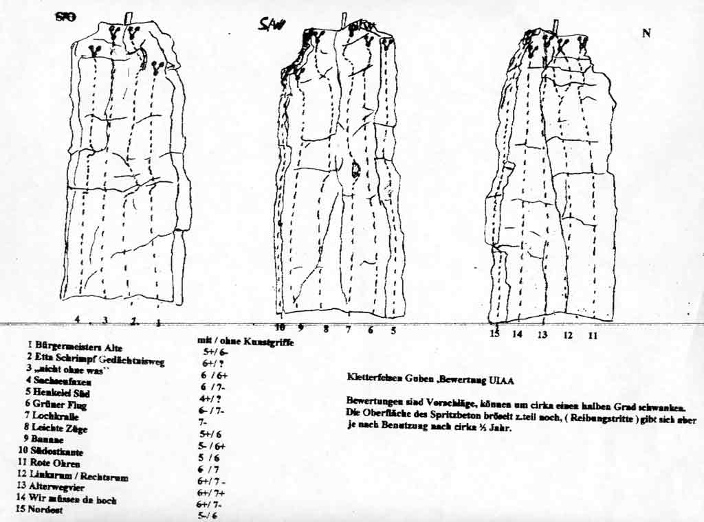 Topo des Kletterfelsens mit eingezeichneten Routen